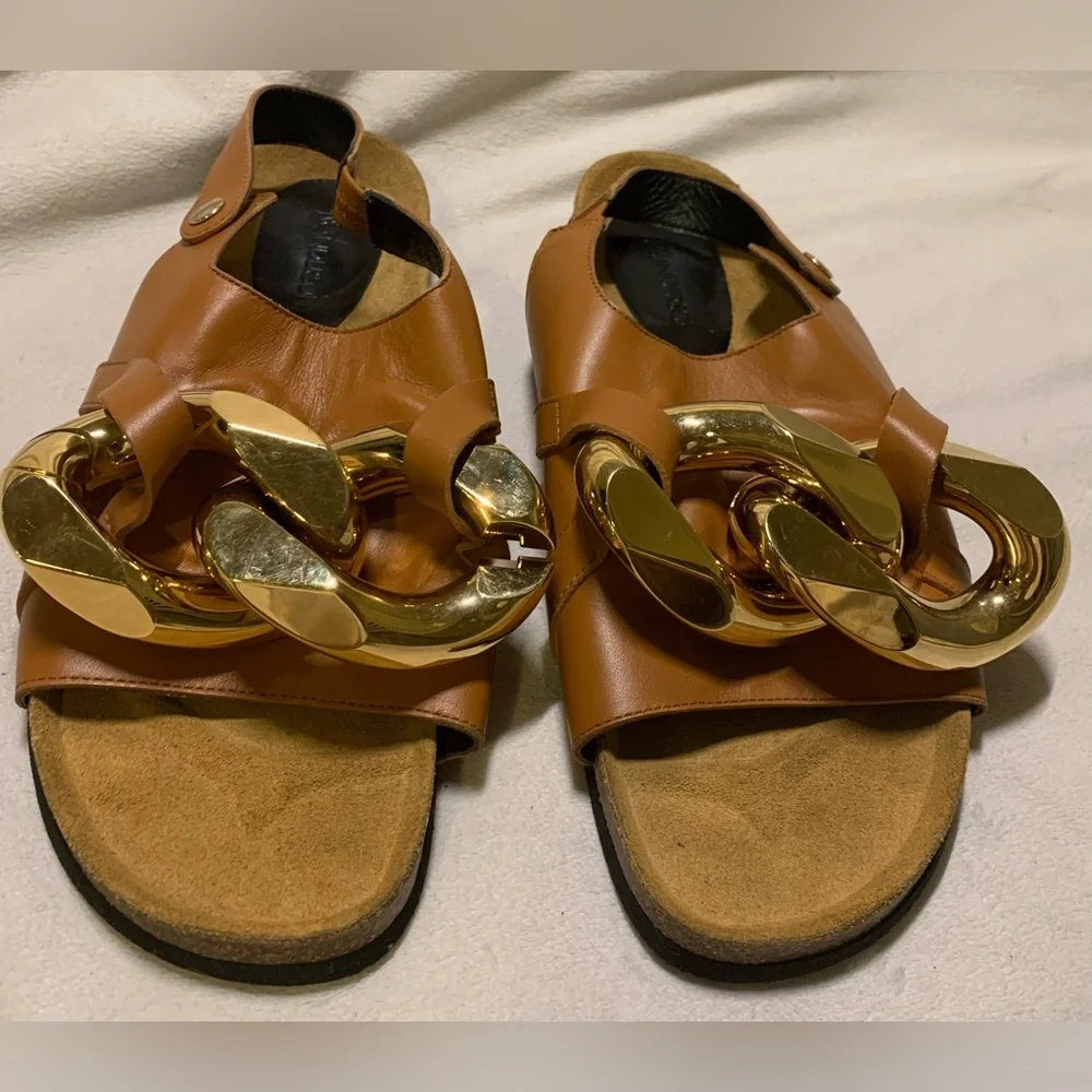 JW ANDERSON Cognac Brown Leather Chain Link Slingback Sandals size 12 NWOB - Picture 7 of 16